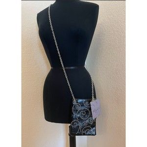 NEW -Youmi K. Black Croc Embossed Studded Crossbody Flat Pouch Faux Leather Bag